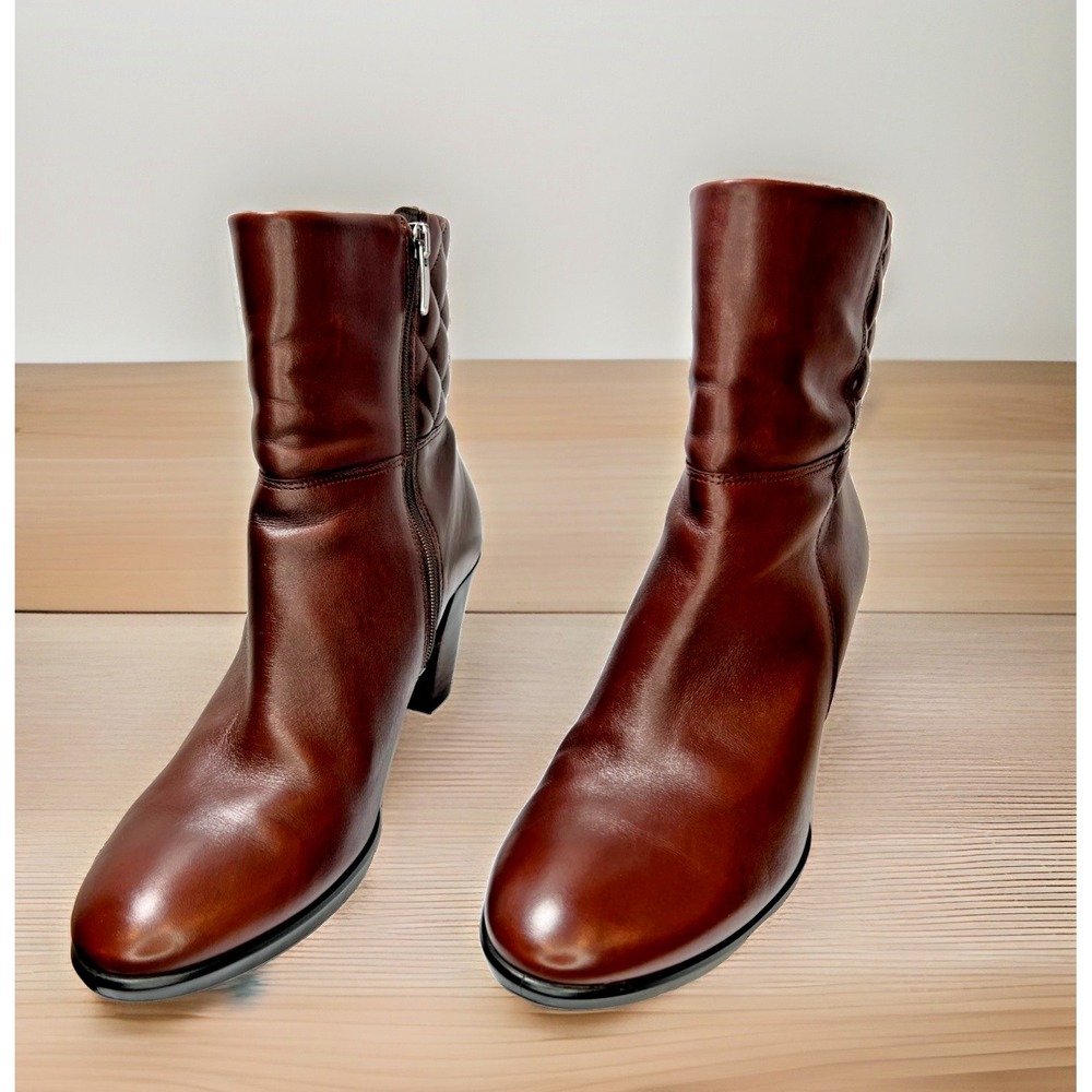ECCO Brown Leather Block Heel Ankle Boots EU 41 US 10 Quilted Collar Zip Comfort - Picture 2 of 13